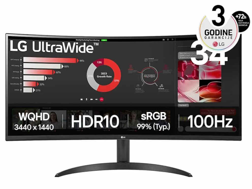 Monitor LG 34WR50QK-B.AEU 34"/VA,21:9,zakrivljen/3440x1440/100Hz/5ms GtG/HDMIx2,DP/crna Slika 2