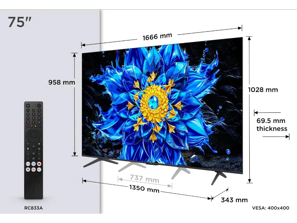 Televizor TCL 75P8L/QLED-Mini LED/75"/4K UHD/144Hz/Google TV/crna Slika 2