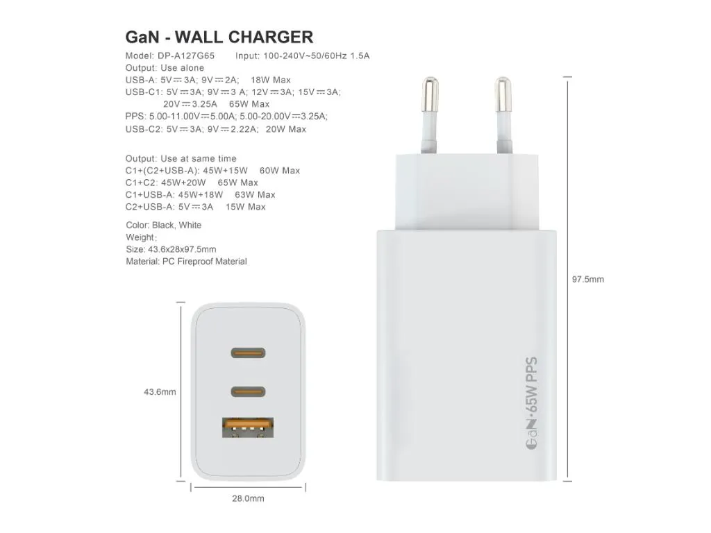 Zidni punjac FULMOVA GAN PD/65W/bela sa USB-C kablom Slika 4