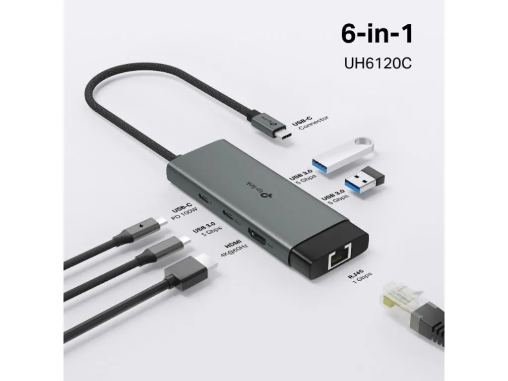 Hub TP-LINK UH6120C USB Type-C 6-Port Hub/1×USB-C/1× HDMI 4K 60Hz Port/1 USB-C PD 100W Port/1× RJ4 Slika 6