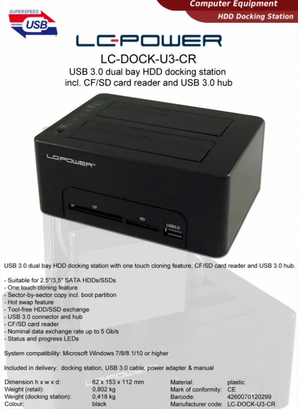 LC Power HDD D. Station dual bay LC-DOCK-U3-CR 2xSSD/HDD, Black, Cardreader,1xUSB3.0 HUB Slika 4