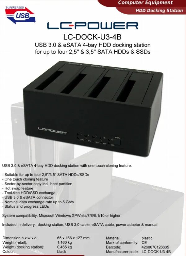 LC Power HDD D. Station 4-bay LC-DOCK-U3-4B 4xSSD/HDD, Black, USB 3.0/eSATA Slika 4