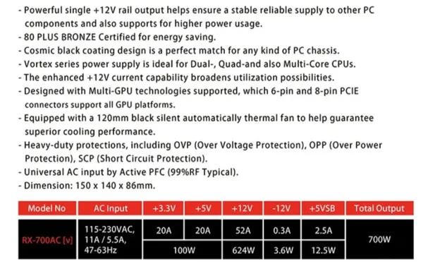 Napajanje 700W Raidmax Vortex RX-700AC-V 80+ Bronze Slika 3