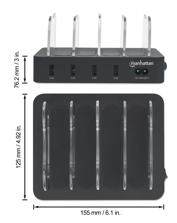 USB punjač 4-port Manhattan 102261 5V/2.4V/34W/držač za telefon Crni Slika 3