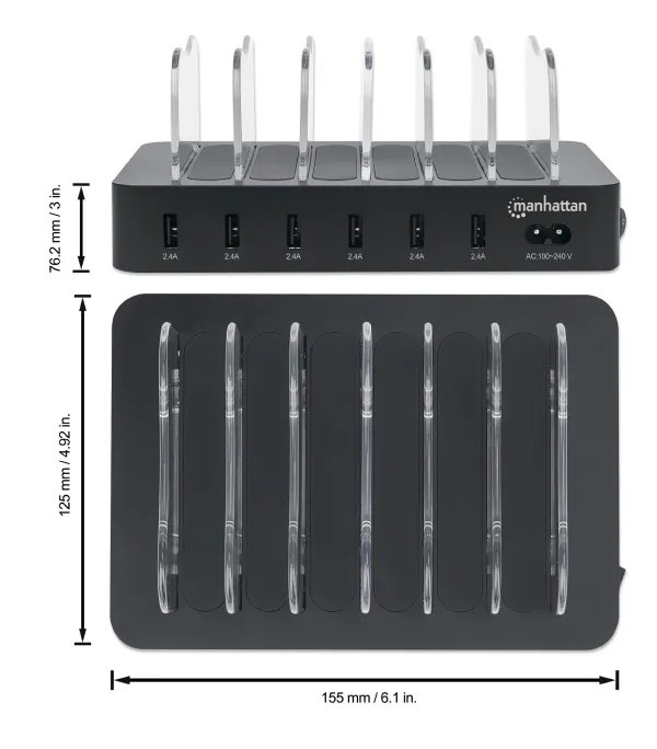 USB punjač 6-port Manhattan 102254 5V/2.4V/50W/držač za telefon Crni Slika 2