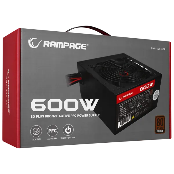 Napajanje 600W Rampage RMP-600-80P, 80Plus Bronze 12cm fan APFC Slika 3