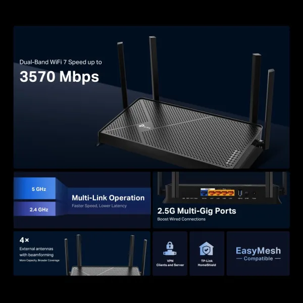 TP-Link LAN Router TP-LINK Archer BE230 BE3600 WiFi7/2.5Gb WAN/4GLAN Slika 4