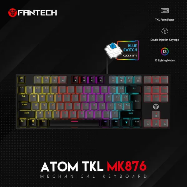 Tastatura USB Fantech MK876 RGB Atom TKL (Blue switch) US crna Slika 1