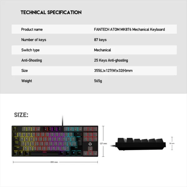 Tastatura USB Fantech MK876 RGB Atom TKL (Blue switch) US crna Slika 2