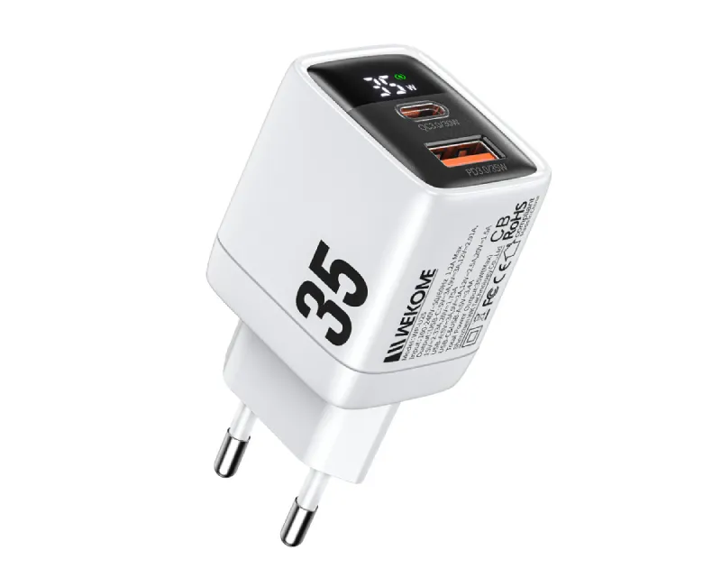 WEKOME WP-U25 Super brzi Strujni GaN Punjač, 2-porta USB (3.0 i 3.1 Tip-C) 35W, sa displejom, beli Slika 1