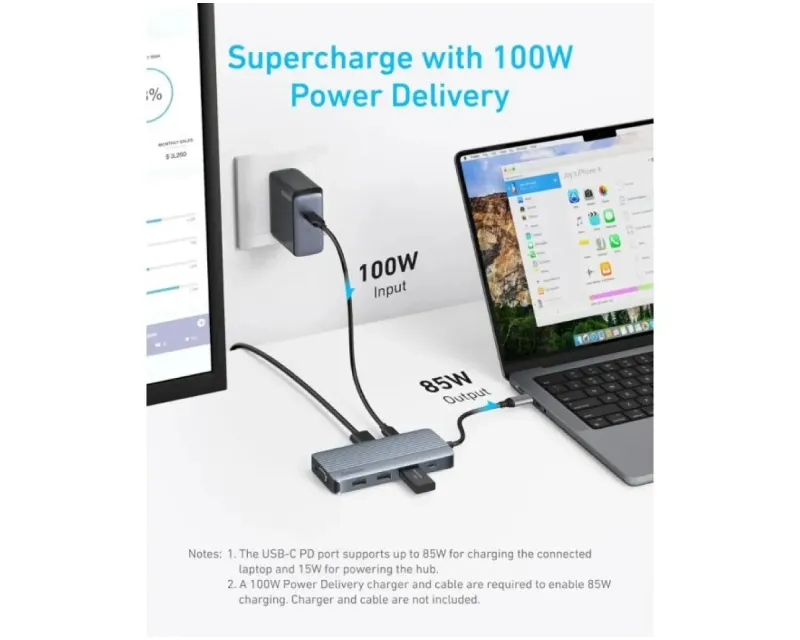 ANKER USB-C Data Hub, 8u1, Triple Display, PD 85W doking stanica siva  Slika 5