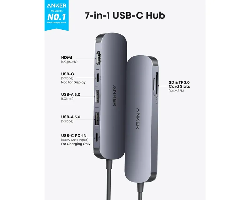ANKER Nano USB-C Hub 7u1, sivi  Slika 2