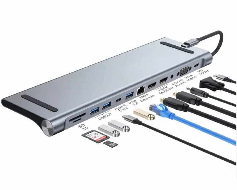 E-GREEN Multiport USB 3.1 tip C (M) - 2 x HDMI + VGA + 3 x USB 3.0 + 1 x tip C-(PD 100W) + USB 2.0 + 3.5mm + SD/TF + RJ45 (F)1000 Mbps (12 u 1) Slika 1