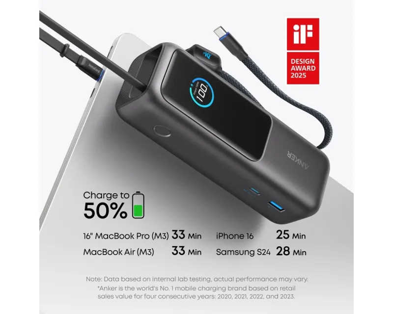 ANKER 25000mAh, 165W, sa ugrađenim USB-C kablom na izvlačenje, Power Bank za laptop srebrni  Slika 2