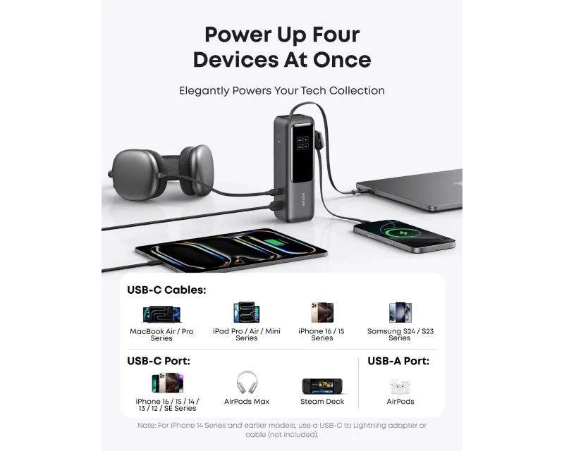 ANKER 25000mAh, 165W, sa ugrađenim USB-C kablom na izvlačenje, Power Bank za laptop srebrni  Slika 5