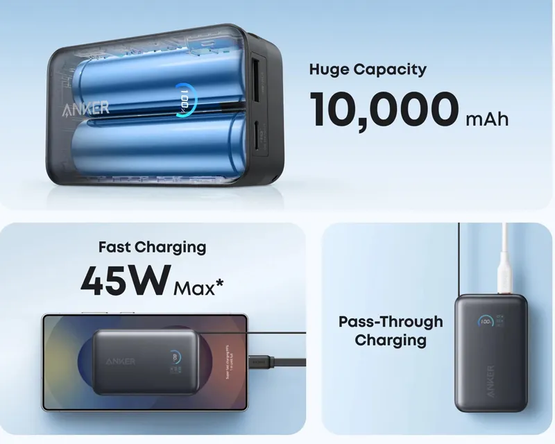 ANKER Nano 10000mAh, 45W, sa ugrađenim USB-C kablom na izvlačenje, Power Bank crni  Slika 4