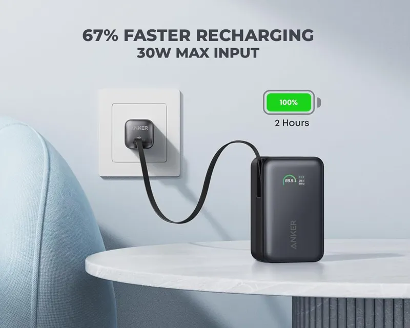 ANKER Nano 10000mAh, 45W, sa ugrađenim USB-C kablom na izvlačenje, Power Bank crni  Slika 6