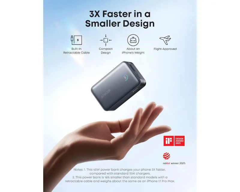 ANKER Nano 10000mAh, 45W, sa ugrađenim USB-C kablom na izvlačenje, Power Bank crni  Slika 8