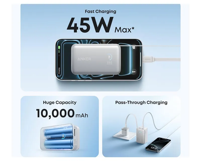 ANKER Nano 10000mAh, 45W, sa ugrađenim USB-C kablom na izvlačenje, Power Bank beli Slika 4
