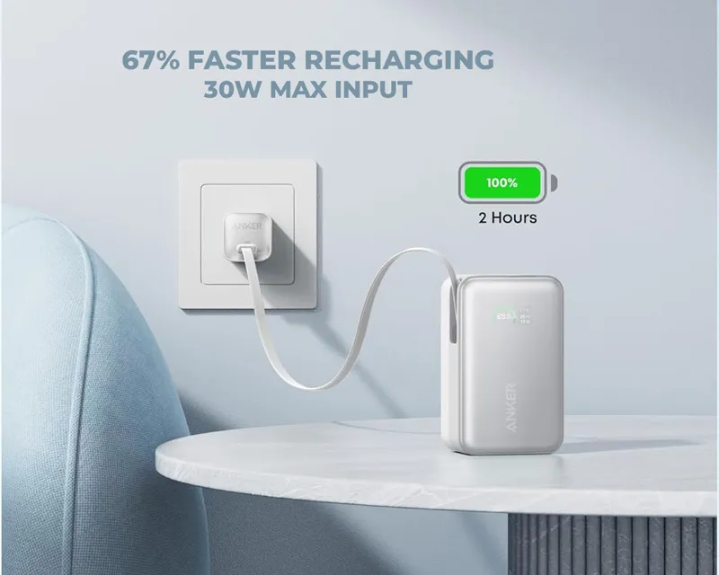 ANKER Nano 10000mAh, 45W, sa ugrađenim USB-C kablom na izvlačenje, Power Bank beli Slika 6