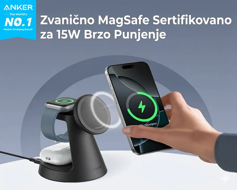 ANKER MagGo Bežični Dock Stand 3u1, sa kablovima i zidnim punjačem, crni Slika 3