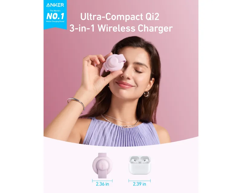 ANKER MagGo Bežični 3u1 sklopivi punjač roze Slika 7