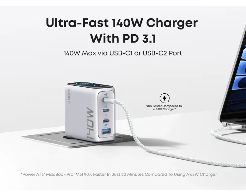 ANKER 140W GaN zidni brzi punjač, 4-porta (3x USB-C i 1x USB-A) sa USB-C M/M pletenim kablom, srebrni  Slika 4