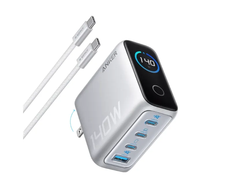 ANKER 140W GaN zidni brzi punjač, 4-porta (3x USB-C i 1x USB-A) sa USB-C M/M pletenim kablom, srebrni Slika 1