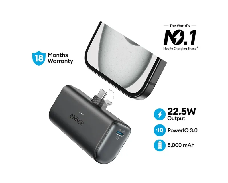 ANKER Nano 5000mAh, 22.5W, sa ugrađenim USB-C konektorom, Power Bank crni  Slika 2