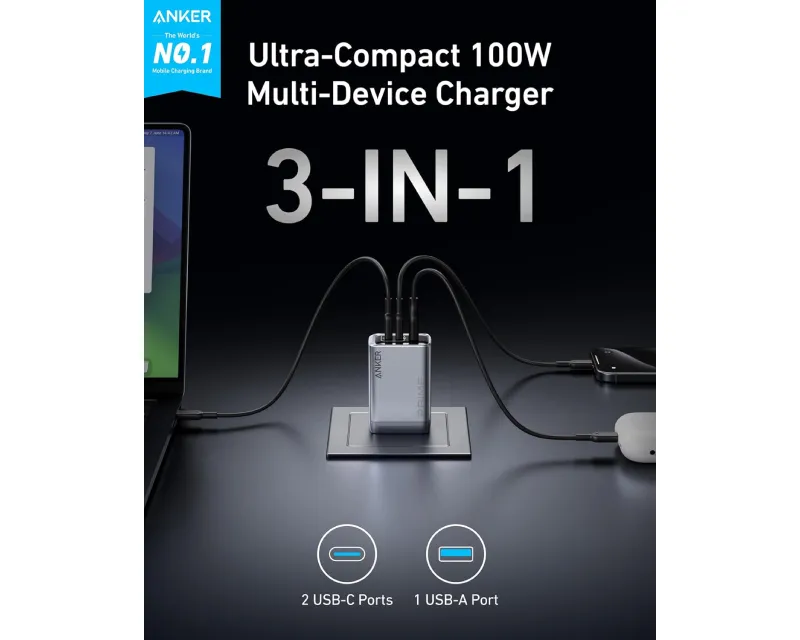 ANKER Prime 100W GaN zidni brzi punjač, 3-porta (2x USB-C i 1x USB-A) srebrni Slika 3