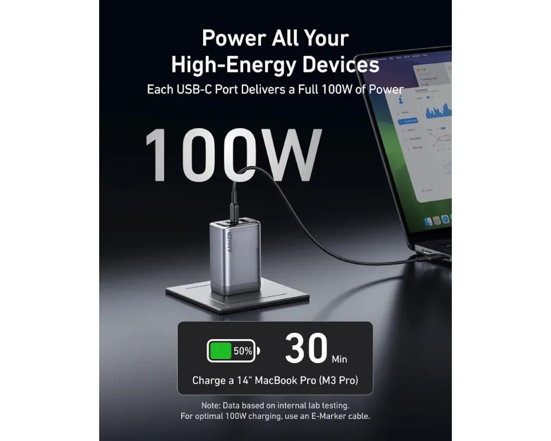 ANKER Prime 100W GaN zidni brzi punjač, 3-porta (2x USB-C i 1x USB-A) srebrni Slika 6