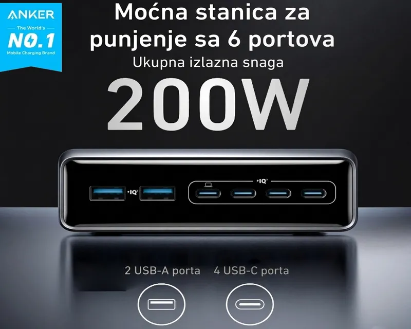 ANKER Prime 200W GaN stoni brzi punjač, 6-portova (4x USB-C i 2x USB-A) srebrni  Slika 2