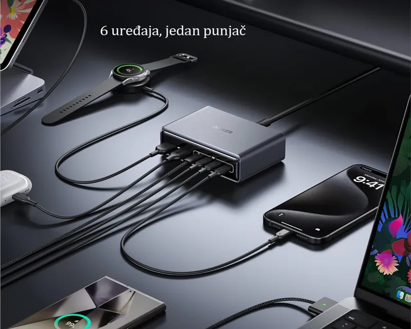 ANKER Prime 200W GaN stoni brzi punjač, 6-portova (4x USB-C i 2x USB-A) srebrni  Slika 4