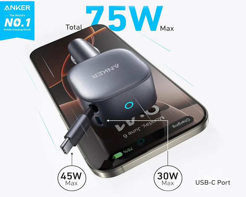 ANKER Nano 75W, sa ugrađenim USB-C kablom na izvlačenje i USB-C portom, auto punjač  Slika 3