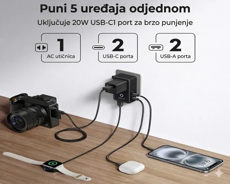 ANKER Nano 20W putni zidni punjač 5-portova (2x USB-A, 2x USB-C, utičnica EU na US, UK, AU i EU), crni  Slika 3