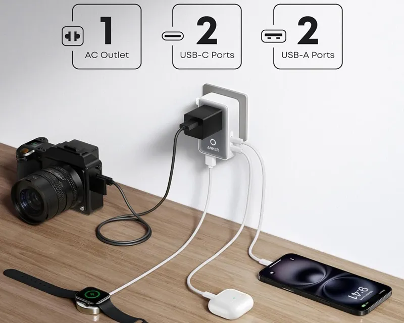 ANKER Nano 20W putni zidni punjač 5-portova (2x USB-A, 2x USB-C, utičnica EU na US, UK, AU i EU), beli  Slika 4