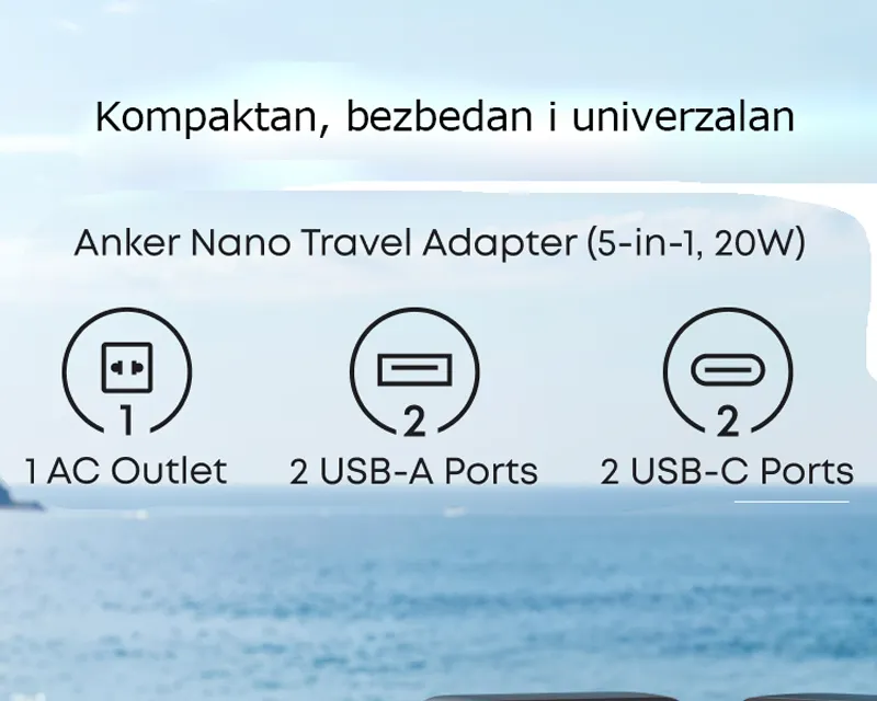 ANKER Nano 20W putni zidni punjač 5-portova (2x USB-A, 2x USB-C, utičnica EU na US, UK, AU i EU), beli  Slika 7