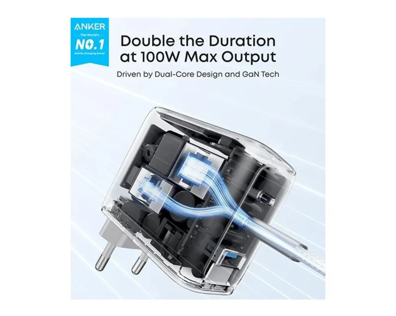 ANKER 100W GaN zidni brzi punjač, 3-porta (2x USB-C i 1x USB-A) sa USB-C M/M pletenim kablom, tamno sivi  Slika 2