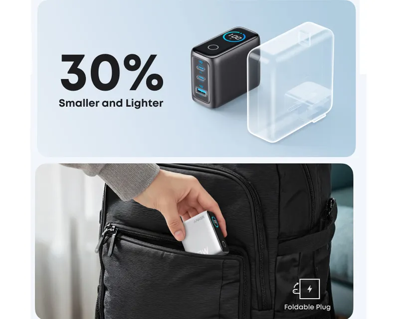 ANKER 100W GaN zidni brzi punjač, 3-porta (2x USB-C i 1x USB-A) sa USB-C M/M pletenim kablom, tamno sivi  Slika 8