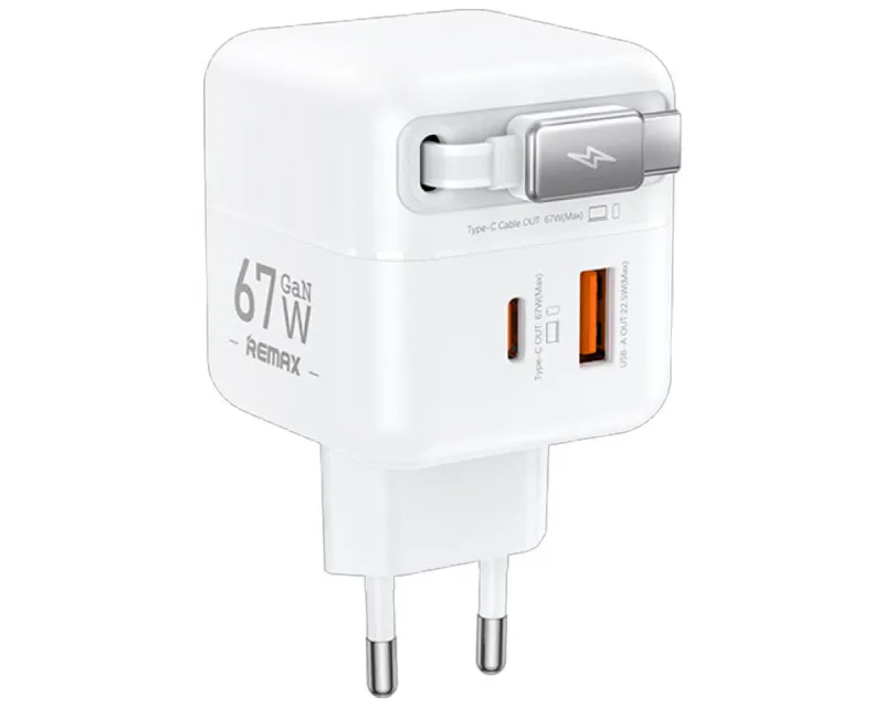 REMAX Strujni Fast teleskopski punjac Dolly GAN (1x USB Tip-A 3.0 +1x USB Tip-C) 67W, sa integrisanim USB Tip-C kablom 0.5m, beli Slika 1