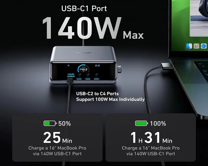 ANKER Prime 250W GaN stoni brzi punjač, 6-portova (4x USB-C, 2x USB-A) srebrni  Slika 4