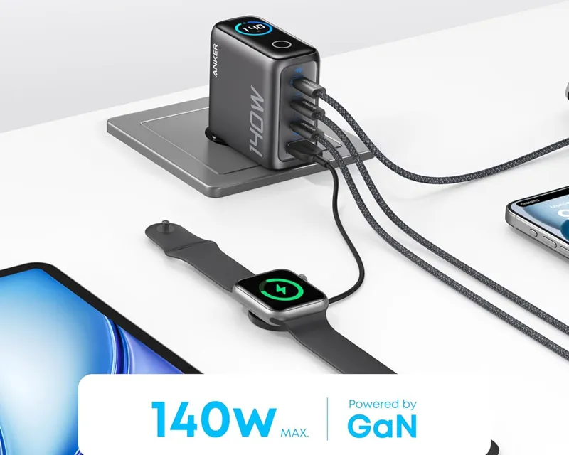 ANKER 140W zidni punjač 4-porta (3x USB-C, 1x USB-A) sa USB-C M/M pletenim kablom, tamno sivi  Slika 3