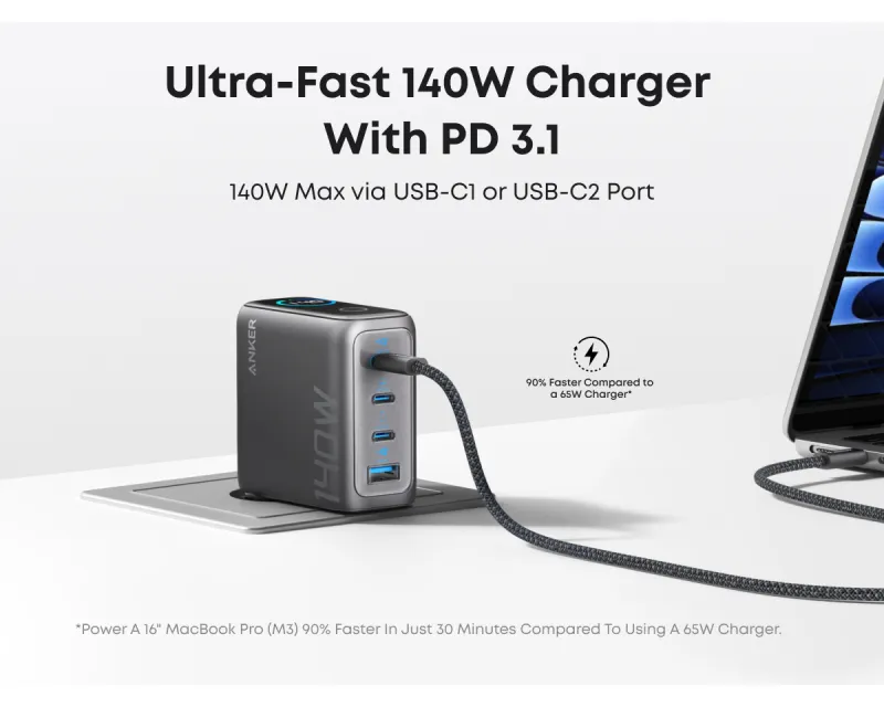 ANKER 140W zidni punjač 4-porta (3x USB-C, 1x USB-A) sa USB-C M/M pletenim kablom, tamno sivi  Slika 4