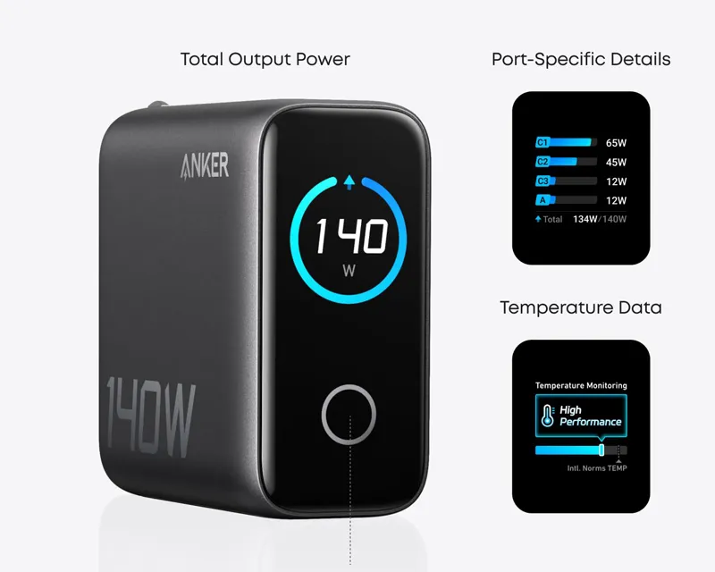 ANKER 140W zidni punjač 4-porta (3x USB-C, 1x USB-A) sa USB-C M/M pletenim kablom, tamno sivi  Slika 6