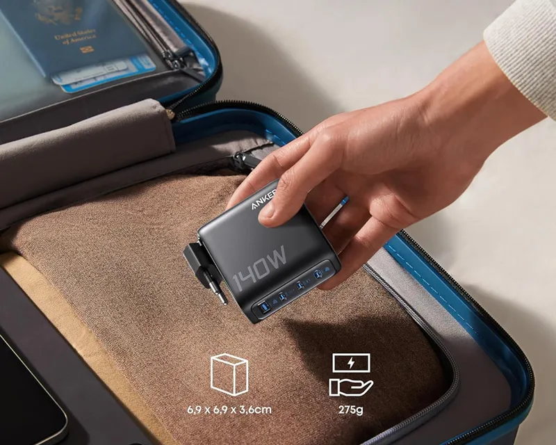 ANKER 140W zidni punjač 4-porta (3x USB-C, 1x USB-A) sa USB-C M/M pletenim kablom, tamno sivi  Slika 7