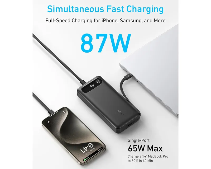 ANKER 20000mAh, 87W, sa ugrađenim USB-C kablom na izvlačenje, Power Bank crni  Slika 4