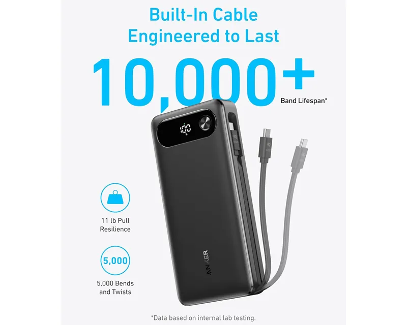 ANKER 20000mAh, 87W, sa ugrađenim USB-C kablom na izvlačenje, Power Bank crni  Slika 6