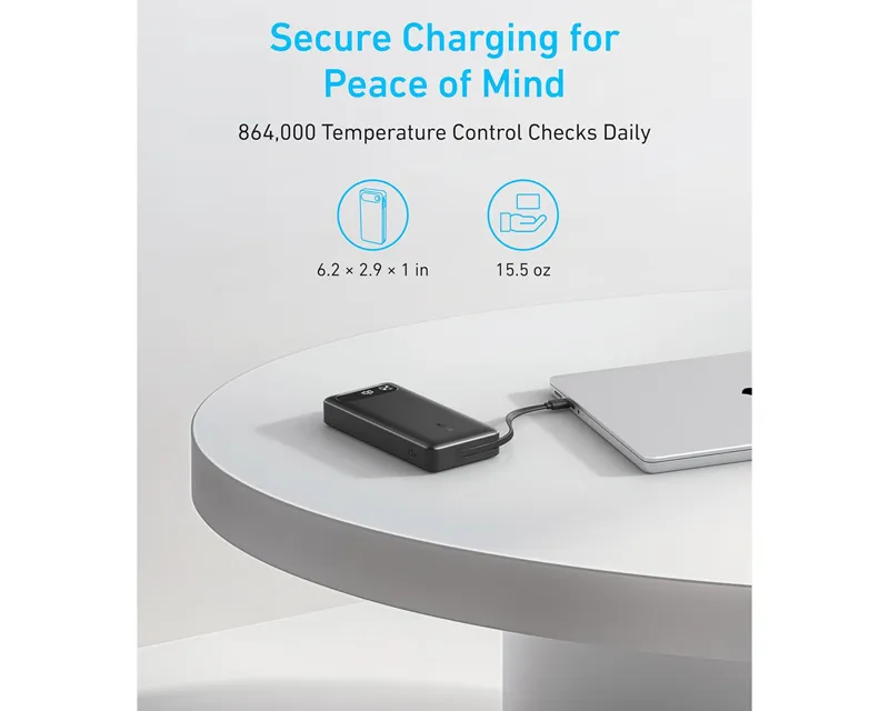 ANKER 20000mAh, 87W, sa ugrađenim USB-C kablom na izvlačenje, Power Bank crni  Slika 7
