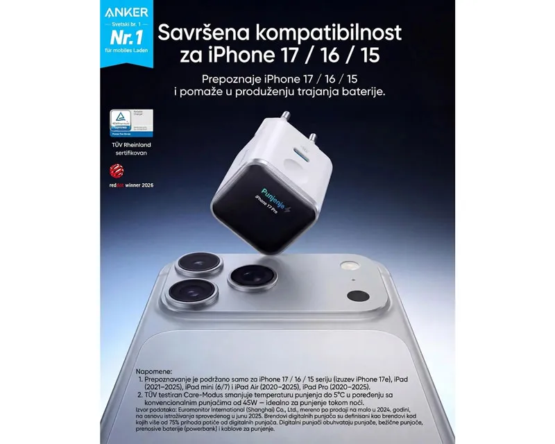 ANKER Nano 45W putni zidni punjač sa ekranom, USB-C port, beli Slika 3