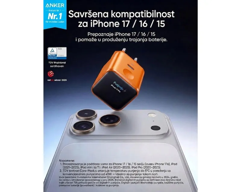 ANKER Nano 45W putni zidni punjač sa ekranom, USB-C port, crni Slika 2